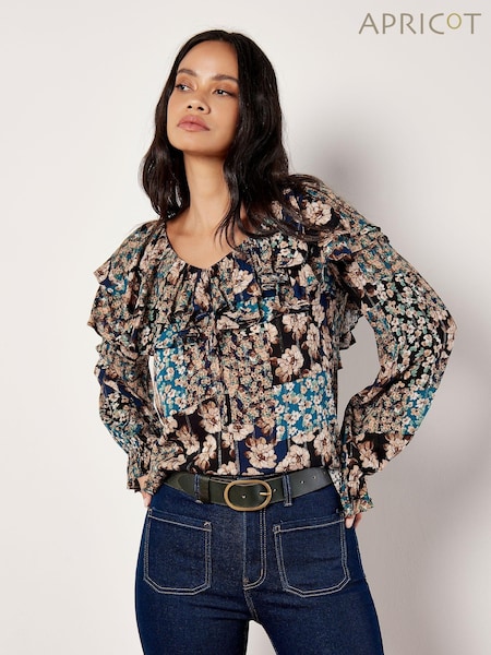 Apricot Blue Patchwork Floral Print Ruffle Blouse (AJ0177) | €21.50