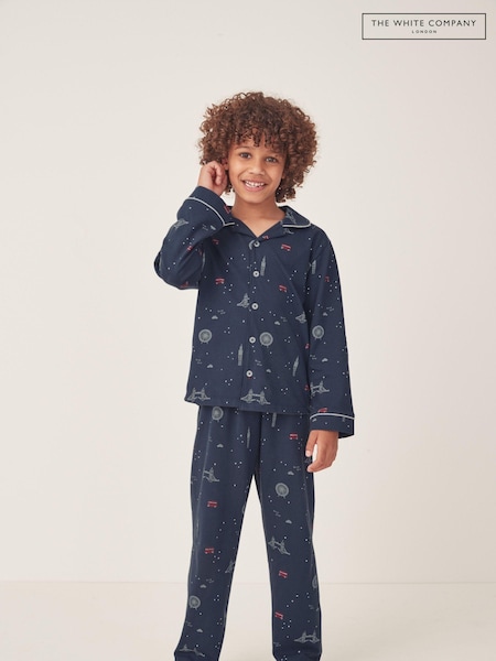 The White Company Relaxed Fit Blue Organic Cotton London Button Through Pyjamas (AJ0256) | AED175 - AED186