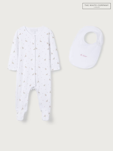 The White Company Cotton Reindeer And Star White Sleepsuit And Bib Set (AJ0298) | ₪151