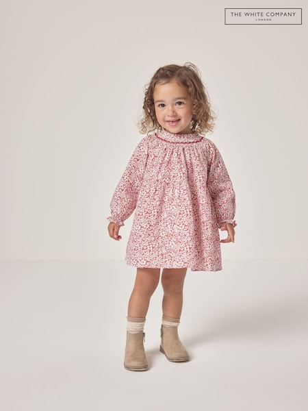 The White Company Red Organic Cotton Petunia Floral Hand Smocked Dress (AJ0316) | 177 LEI