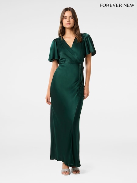 Verde - Forever New Chelsea Flutter Sleeves Satin Maxi Dress (AJ0369) | 625 LEI