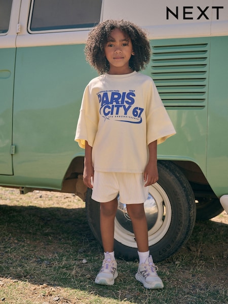 Ecru/Yellow Stripe Slogan 100% Cotton T-Shirt And Short Set (3-16yrs) (AJ0370) | 659 UAH - 906 UAH