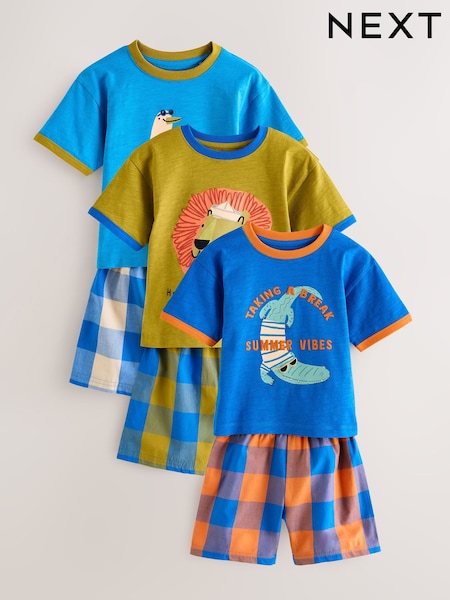 Blue/Green Check Animal Print 100% Cotton Short Pyjamas 3 Pack (9mths-10yrs) (AJ0532) | R$ 235 - R$ 295
