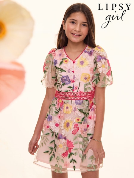 Lipsy Pink Premium Embroidered Floral Occasion Dress (5-16yrs) (AJ0544) | 312 QAR - 351 QAR