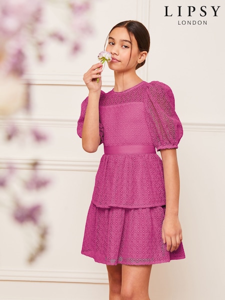 Lipsy Mauve Purple Premium Lace Puff Sleeve Occasion Dress (5-16yrs) (AJ0546) | AED361 - AED408