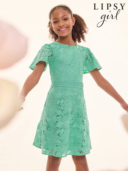 Verde - Lipsy Flutter Sleeve Lace Occasion Dress (5-16yrs) (AJ0547) | 71 € - 82 €