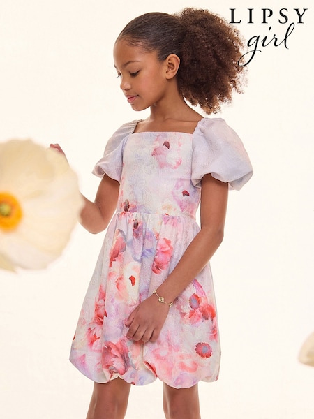 Lipsy Lilac Purple Floral Puffball Jacquard Occasion Dress (5-16yrs) (AJ0550) | AED309 - AED355