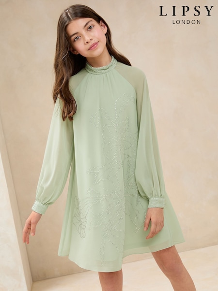 Lipsy Mint Green Diamonte Chiffon Occasion Shift Dress (5-16yrs) (AJ0551) | 247 QAR - 287 QAR