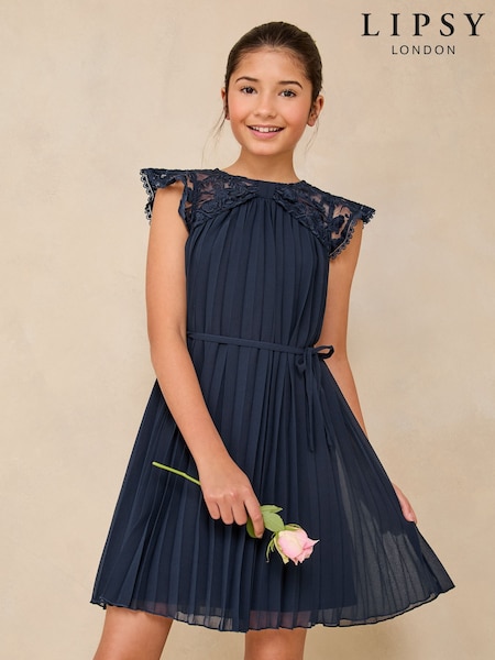 Lipsy Navy Blue Lace Bow Yolk Pleated Occasion Dress (5-16yrs) (AJ0552) | €69 - €81