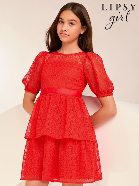 Lipsy Red Lace Puff Sleeve Occasion Dress (5-16yrs) (AJ0558) | ₪312 - ₪352