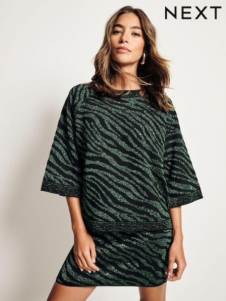 Зеленый/черный - Co-ord Sparkle Zebra Short Sleeve Knitted Jumper (AJ0571) | €22