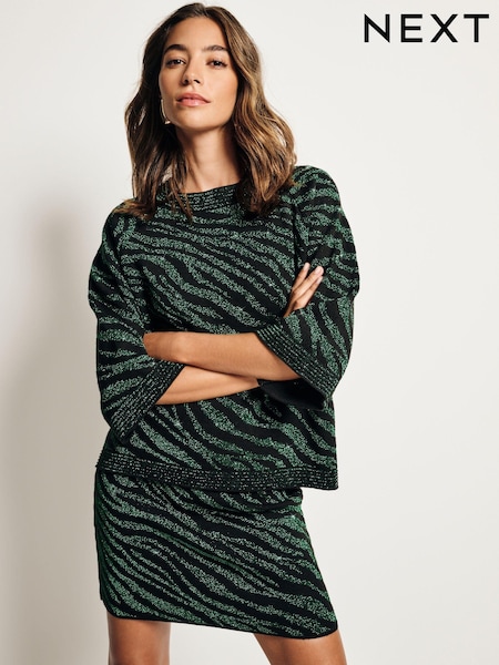 Green/Black Co-ord Sparkle Zebra Short Knitted Mini Skirt (AJ0572) | 81 QAR
