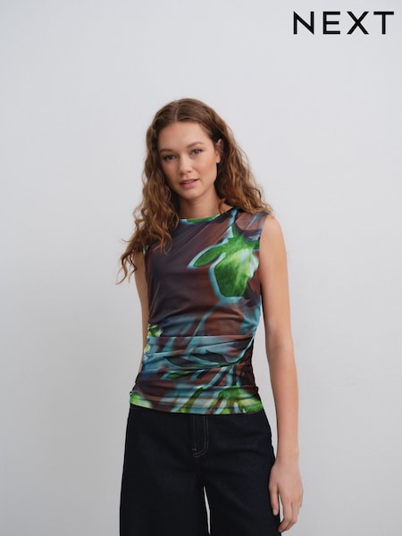 Grün/Schwarz, abstraktes Blumenmuster - Ärmellos Gerafftes Mesh-Top (AJ0576) | 36 €