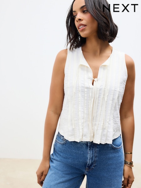 Ecru Pintuck Sleeveless Tie Front 100% Cotton Top (AJ0577) | R$ 175