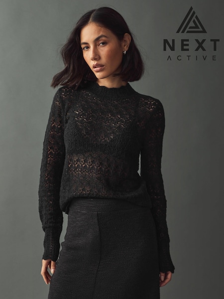 Black Lace Pointelle Stitch Long Sleeve Top with Wool (AJ0600) | 1,201 UAH