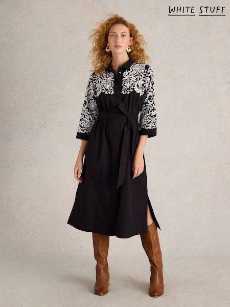 White Stuff Black 100% Organic Cotton Thyme Embroidered Shirt Dress (AJ0687) | €77