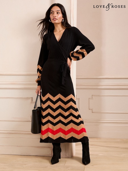 Love & Roses Black and Camel Chevron Petite Wrap Knitted Midi Dress (AJ0832) | €79