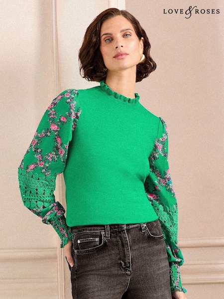 Love & Roses Woven Sleeve Frill Neck Finge Gauge Knitted Jumper (AJ0846) | 298 LEI