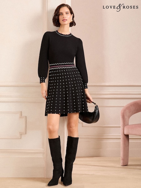 Love & Roses Black Petite Petite Fine Gauge Scallop Detail Spot Knitted Mini Dress (AJ0847) | $101