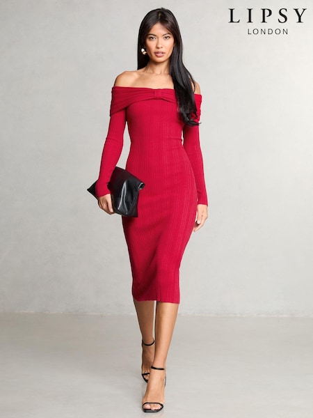 Lipsy Knitted Bow Detail Ribbed Bardot Dress (AJ0865) | €72