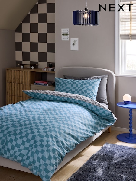 Blue Grey Checkerboard 100% Cotton Printed Bedding Duvet Cover and Pillowcase Set (AJ1079) | 111 SAR - 156 SAR