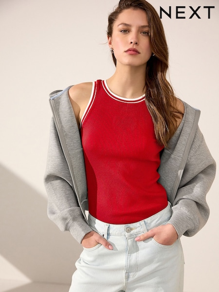 Red/White Ribbed Racer Tank Vest Sleeveless Top (AJ1084) | €20