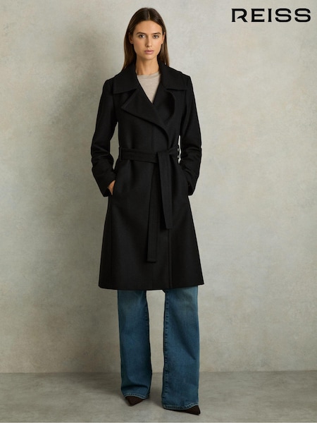 Reiss Black Rae Wool Blend Belted Double Breasted Coat With Cashmere (AJ1164) | €345