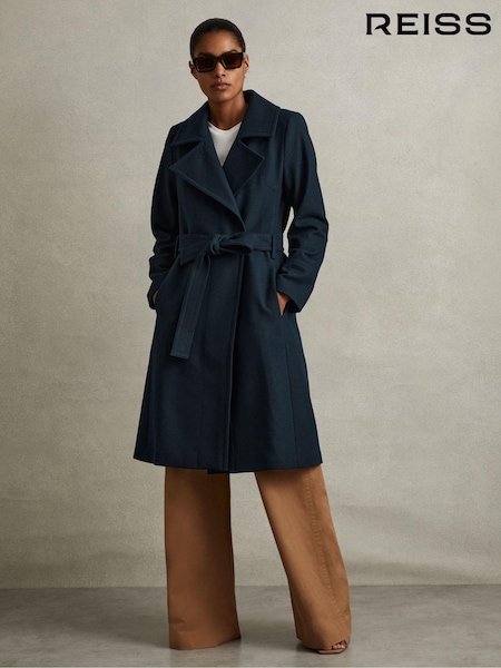 Reiss Teal Rae Wool Blend Belted Double Breasted Coat With Cashmere (AJ1165) | €345