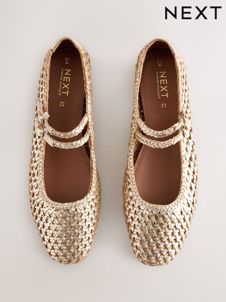 Золотой - Forever Comfort® Leather Square Toe Weave Double Mary Jane Shoes (AJ1478) | €51