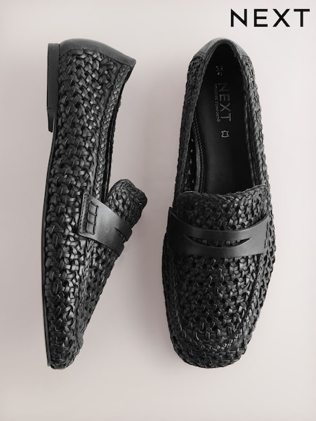 Negru - Forever Comfort® Leather Square Toe Weave Loafers (AJ1479) | 313 LEI