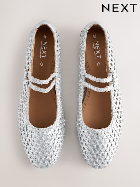 Silver Forever Comfort® Leather Square Toe Weave Double Mary Jane Shoes (AJ1503) | 215 QAR