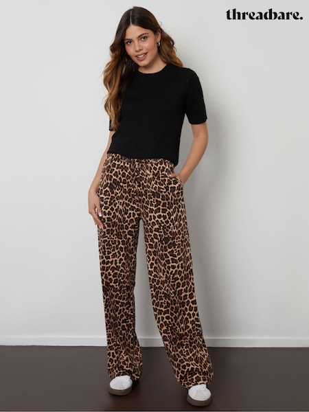 Threadbare Brown Leopard Print Lightweight Jersey Wide Leg 100% Cotton Trousers (AJ1581) | €35