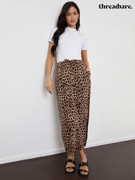Threadbare Brown Leopard Print Lightweight Jersey 100% Cotton Midi Skirt with Pockets (AJ1585) | €44