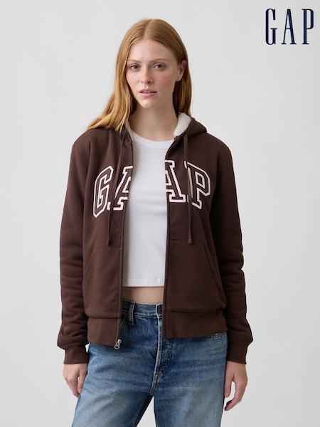 rjava - Gap Relaxed Logo Sherpa-lined Zip-up Hoodie