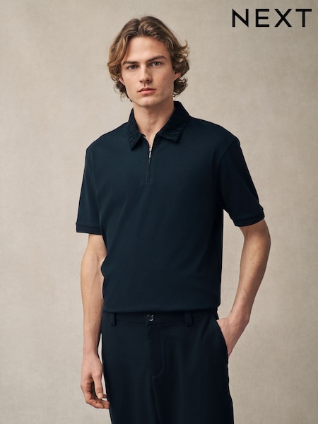 Black Pattern Collar Flocked Quarter Zip Polo Shirt (AJ1671) | € 45