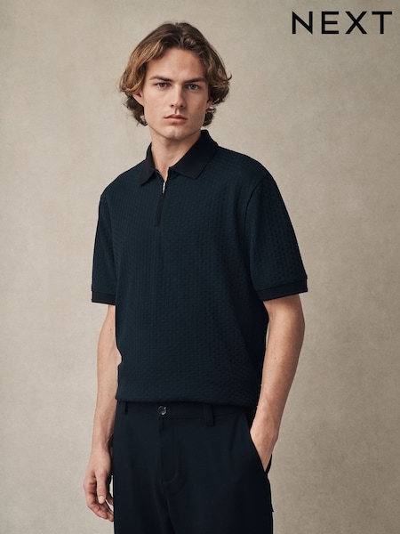 Black Textured Zip Neck Polo Shirt (AJ1721) | €28