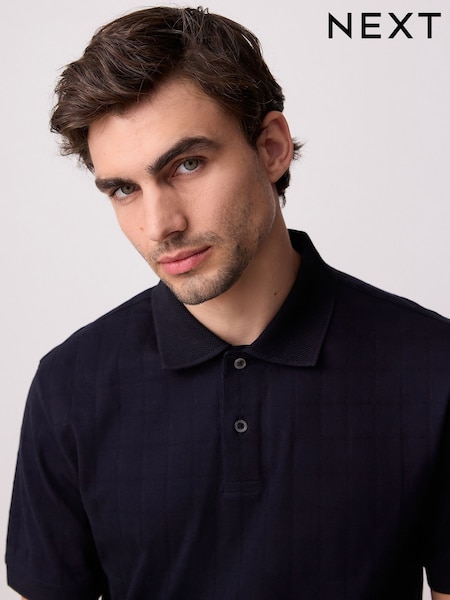 Navy Blue Regular Fit Textured Button Neck 100% Cotton Polo Shirt (AJ1725) | 168 QAR