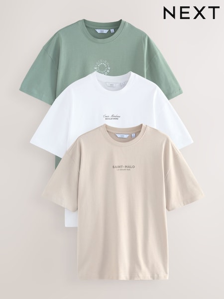 White/Green/Neutral Relaxed Fit Graphic Print Heavyweight 100% Cotton T-Shirt (AJ2077) | ₪172