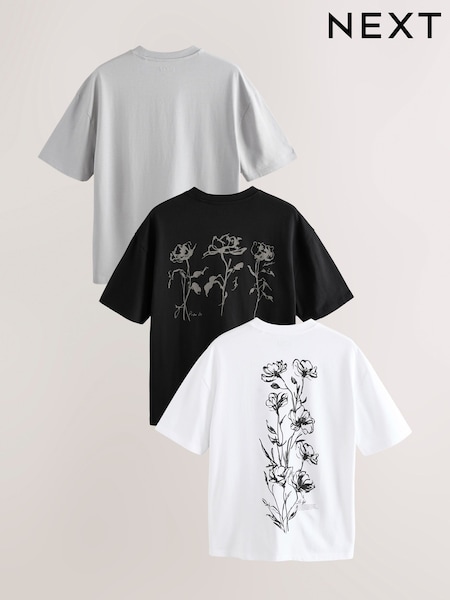 Ecru/Black/Grey Relaxed Fit Graphic Print Heavyweight 100% Cotton T-Shirt (AJ2078) | R$ 420