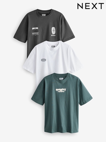 White/Black/Green Relaxed Fit Graphic Print Heavyweight 100% Cotton T-Shirt (AJ2085) | 218 QAR