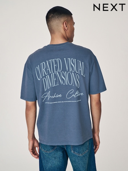 Blue Script Text Relaxed Fit Graphic Print Heavyweight T-Shirt (AJ2219) | AED79