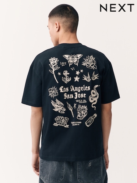 Black Tattoo Relaxed Fit Graphic Print Heavyweight T-Shirt (AJ2222) | €24