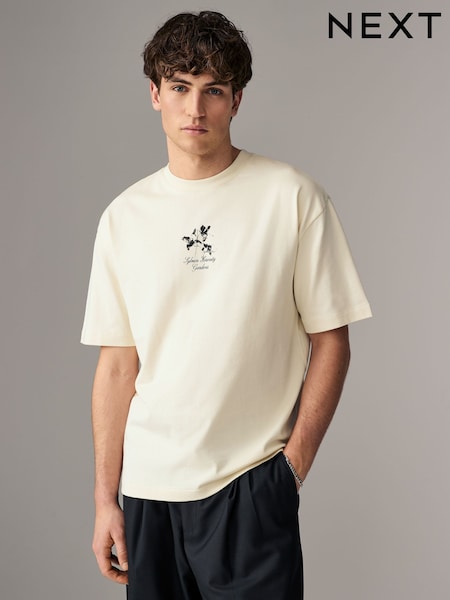 Ecru Floral Relaxed Fit Graphic Print Heavyweight T-Shirt (AJ2229) | € 30