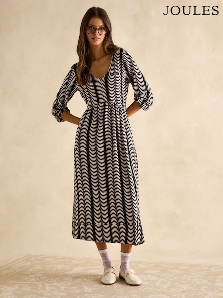 Joules Nia Black & Tan V-Neck Long Sleeve Midaxi Dress (AJ2330) | €53.95