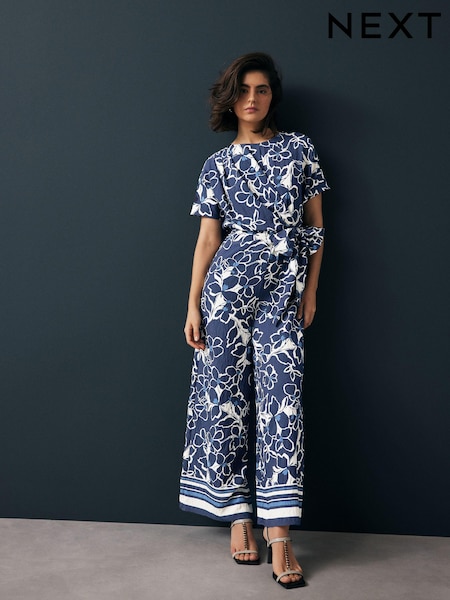 Azul marino floral - Tie Waist Detail Jumpsuit (AJ2332) | 77 €