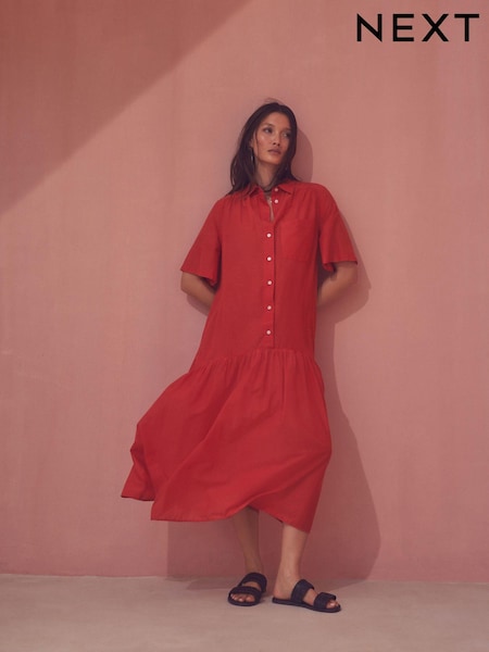 Rot - Kurzärmeliges Maxi-Hemdkleid mit niedriger Taille aus 100 % Baumwolle (AJ2347) | 61 €