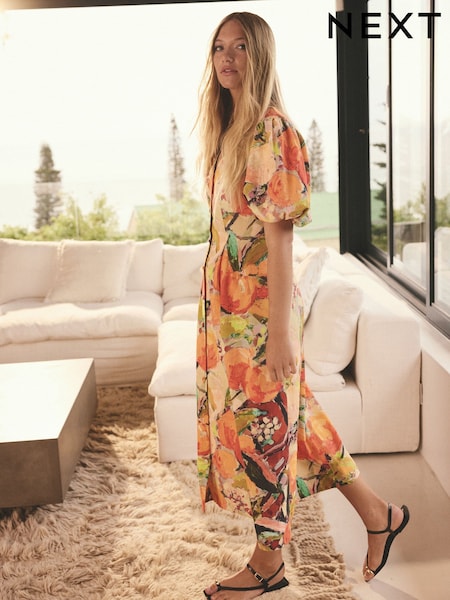 Bright Orange Fruit Print - Button Down Puff Sleeve Midi Dress With Linen (AJ2351) | ‏21 ر.ع.‏