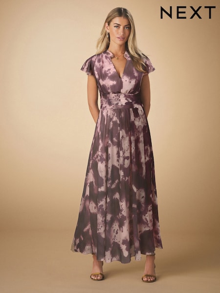 Pink/Purple Pleated Mesh Print V-Neck Occasion Midi Dress (AJ2353) | 310 QAR