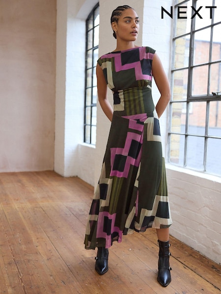 Green/Pink Geo Print Mesh Midi Short Sleeve Asymetric Hem Dress (AJ2354) | BGN 209