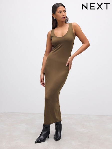 Green Khaki Polyamide Soft Touch Sleeveless Scoop Neck Midi Dress (AJ2357) | €34.50